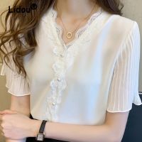 Spring Summer New Fashion Solid Color Chiffon Shirt 2022 V-Neck Short Sleeve Lace Pullover Shirt Korean Elegant Casual Blouse