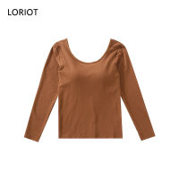 LORIOT เสื้อยืดยกทรงสำหรับผู้หญิง,เสื้อยืดแขนยาวเสื้อยืดกลมคอยืดได้ SA1360เกาหลีลำลองเซ็กซี่