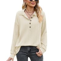 Women Long Sleeve Thin Sweater Shirt for Autumn Lapel Neck Solid Buttons