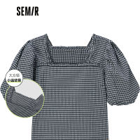 SEMIR เสื้อเชิ้ตแขนสั้นของผู้หญิง,เสื้อเนื้อแขนพองย้อนยุคสไตล์ฝรั่งเศสคอสี่เหลี่ยมลายสก็อตสั้นใหม่ฤดูร้อนปี2022