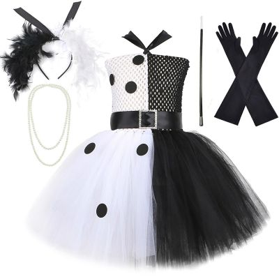Black White Witch Cruella Costumes for Girls Halloween Tutu Dress Kids Dalmatian Cruella De Vil Outfit Children Birthday Clothes