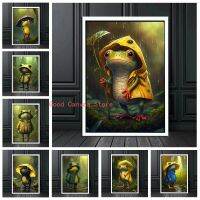 Be Happy Frog In เสื้อกันฝนร่มโปสเตอร์สัตว์น่ารักภาพวาดผ้าใบพิมพ์ Modern Wall Art รูปภาพสำหรับห้องเด็กตกแต่งบ้าน New