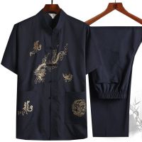 Middle-aged and elderly suit short-sleeved Tang suit mens shirt embroidery dad ethnic style morning exercise suit grandpa suit Han suit中老年人套装短袖唐装男衬衫刺绣爸爸民族风晨练服爷爷装汉服6.20