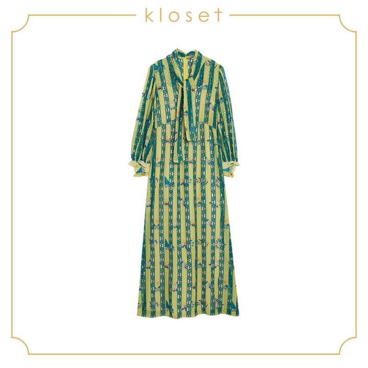 kloset-design-printed-chiffon-dress-with-bow-tie-rs20-d015-เดรสผ้าปัก-เดรสลายทาง-เดรสผ้าพิมพ์-เดรสยาว-เดรสแฟชั่น