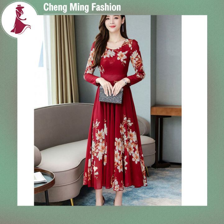 cheng-ming-ชุดสตรีแขนยาวกระโปรงยาวภาพลายดอกไม้หรูหรา-ชุดเดรสคอกลมลำลองไซส์ใหญ่สำหรับฤดูร้อน