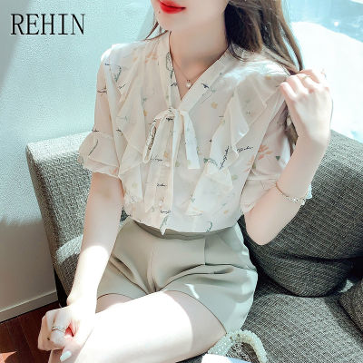 REHIN เสื้อสตรีแขนสั้นผ้าชีฟองมีโบว์ลายดอกไม้ปลอกแขนแบบมีระบายนางฟ้าแสนสวยสง่างามแฟชั่นสไตล์เกาหลีแบบใหม่ฤดูร้อน