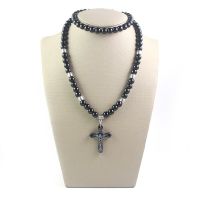 8MM Black Beads Chain Cross Pendant Necklace for Men Christian Religious Natural Hematite Stone Male Jewelry Fashion Chain Necklaces