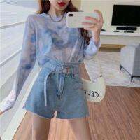 【CW】 2021 summer new style tie-dye net yarn bottoming women ice silk long sun protection clothes slim thin t-shirt tops