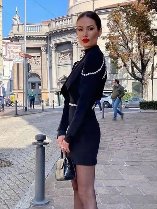 2023-autumn-and-winter-new-long-sleeved-slim-short-top-mini-a-line-skirt-hot-girl-suit-flashing-diamond-chain-short-suit-set