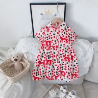 2022 Summer Childrens Vintage Polka Dot Animal Print Short Sleeve Lapel Collar Casual Girls Kids Pleated Shirts Dress Vestidos