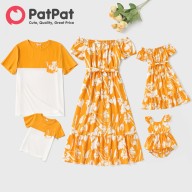 PatPat Family Trang Phục Phù Hợp Với Gia Đình Váy Tay Phồng Trễ Vai Màu Vàng In Hoa Toàn Bộ Áo Thun Tay Ngắn Khối Màu Cho Nam Nữ Nam thumbnail