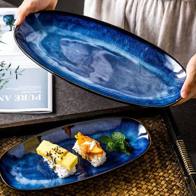 KINGLANG จานปลาสีฟ้าตาแมวเตาเผาสไตล์ญี่ปุ่นจานปลานึ่งของใช้ในครัวเรือนเคลือบขนาดใหญ่ Guanpai4จานซูชิที่สร้างสรรค์