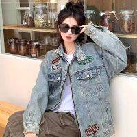 (M ~ 3xl) American Retro Badge Jacket Girl ในฐานะคนงานผ้ายีนส์เก่าที่แกล้งทำ