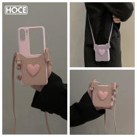 HOCE สายคล้องแบบคาดตัว3D รักเคสโทรศัพท์ที่ใส่การ์ดทำจากหนังหัวใจสำหรับออปโป้ไฟนด์ N2พลิกสายยาวกันกระแทกฝาหลัง