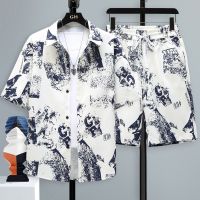 【hot seller】 silk mens short-sleeved summer trendy brand design graffiti half-sleeved high-end two-piece suit