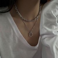 2022 New Fashion Silver Color Double Layers Square Necklaces Pendant Punk Snake Chain Choker Necklaces for Women Men Jewelry Fashion Chain Necklaces