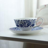 Red tea cup and saucer Vintage blue and white bone china coffee cup and saucer