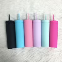 Hot Sale 16oz Acrylic Slim Skinny Tumbler Colorful Matte Water Bottle With Lid Straw Double Wall For New Year Party Gifts Cups  Mugs Saucers