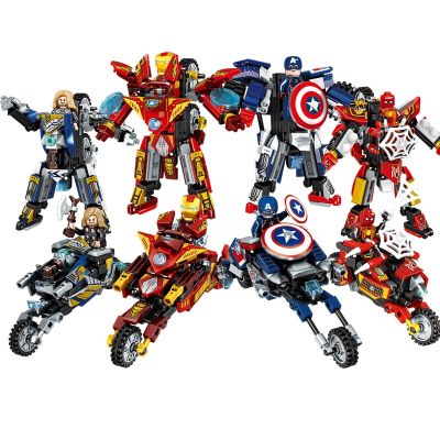 Disney Marvel Superhero Transforming Mecha Motorcycle 2 in 1 Building Blocks Sets Movie Avengers Model Bricks Kit Kids Toys Gift