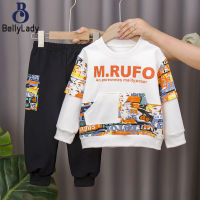 2 Pieces Boys Fashion Sports Suit Trendy Printing Long Sleeves Sweatshirt Trousers Set For Kids Aged 2-7【fast】