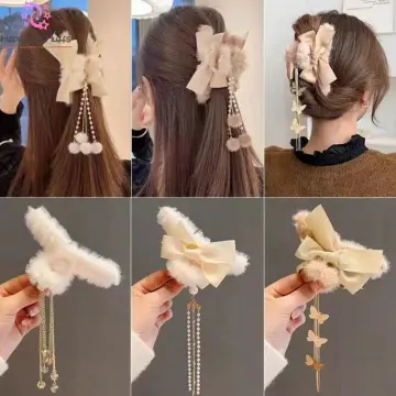 Plush Claw Bow Tassel Womens Accessories Cute Hair Clip Winter Pearls Crab  Clip