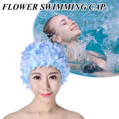 หมวกอาบน้ำว่ายน้ำระบายอากาศได้ดีลายดอกไม้3D Surf ผมยาวนุ่มหมวกการป้องกันหูอุปกรณ์เสริมสำหรับสระว่ายน้ำที่สะดวกสบาย