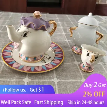 Disney Beauty and the Beast Mrs. Potts Teapot Set With 2 Chip Cups and  Saucers