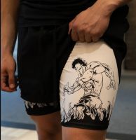กางเกงขาสั้นผู้ชายลายอนิเมะ Hanma Baki กางเกงขาสั้นออกกำลังกายสีดำพิมพ์ลายสองชั้น2 In 1กางเกงขาสั้นแห้งเร็วกีฬาวิ่งออกกำลังกายฤดูร้อน