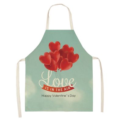 Couple Valentines Day Flower Heart Apron Kitchen Aprons for Women Linen Home Cooking Baking Waist Pinafore Cleaning Tools