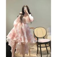 COD DSTGRTYTRUYUY Sweet Running Princess Fairy Girl Day Party Dress Puff Sleeve Narrow Waist Puffy Female Seaside Beach Skirt