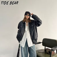 TIDE BEAR เสื้อแจ็คเก็ตแขนยาวเสื้อโค้ทสำหรับทั้งหญิงและชายปกหนังแฟชั่นสีทึบ