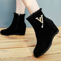 Elegant Girl  รองเท้าบู๊ทสั้นเพิ่มความสูงด้านในใหม่ Rhinestone Martin Boots Flat High Heel Women S Boots