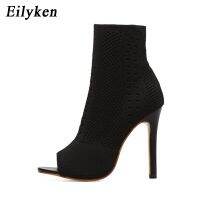 Eilyken รองเท้าเปิดหัวรองเท้าบูทหุ้มข้อสไตล์ใหม่สำหรับผู้หญิง,รองเท้าบูทเนื้อผ้าระบายอากาศได้ดีรองเท้าปั๊มสตรีเสาไม้เต้น