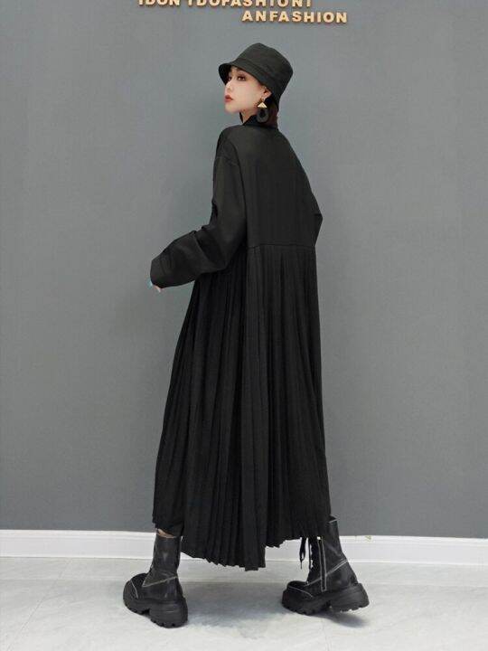 xitao-dress-solid-color-asymmetrical-long-sleeve-pleated-shirt-dress