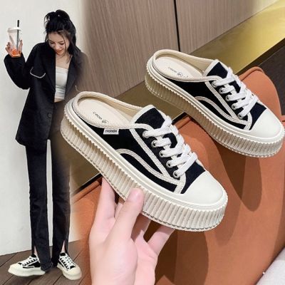 Baotou half slippers female thick bottom wear canvas shoes outside the new spring/summer 2022 heelless slippers female lazy person