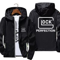 Mens Glock Perfection Shooting Casual Zipper Windbreaker Pilot Coat Thin Windbreaker Bomber Hooded Jacket Male Sport Top S-7XL