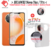 HUAWEI Nova Y91 Y71กระจกเทมเปอร์3 In 1สำหรับ HUAWEI Nova Y91ฟิล์มป้องกันกระจกเทมเปอร์กระจกนิรภัยแบบเต็มจอภาพ + ฟิล์มป้องกันเลนส์กล้องถ่ายรูป + ฟิล์มหลังคาร์บอนไฟเบอร์ป้องกันแสงสีฟ้า HUAWEI Nova ฟิล์มป้องกันความเป็นส่วนตัว Y71