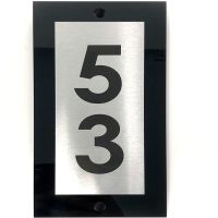 ♙ Precision Design Vertical Modern House Sign Black Rear Panel with Silver Aluminium Panel and Black Number House Address Signage