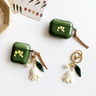 INS Retro Flower Pearl Keychain Decor For Apple Airpods 1 2 Pro 3 Case Green TPU Soft Bluetooth Earphone Cases Cover For Airpods Headphones Accessorie