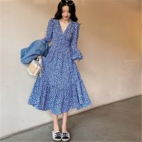 [COD] French retro peacock blue tunic dress floral 2022 spring new womens body-fitting printed