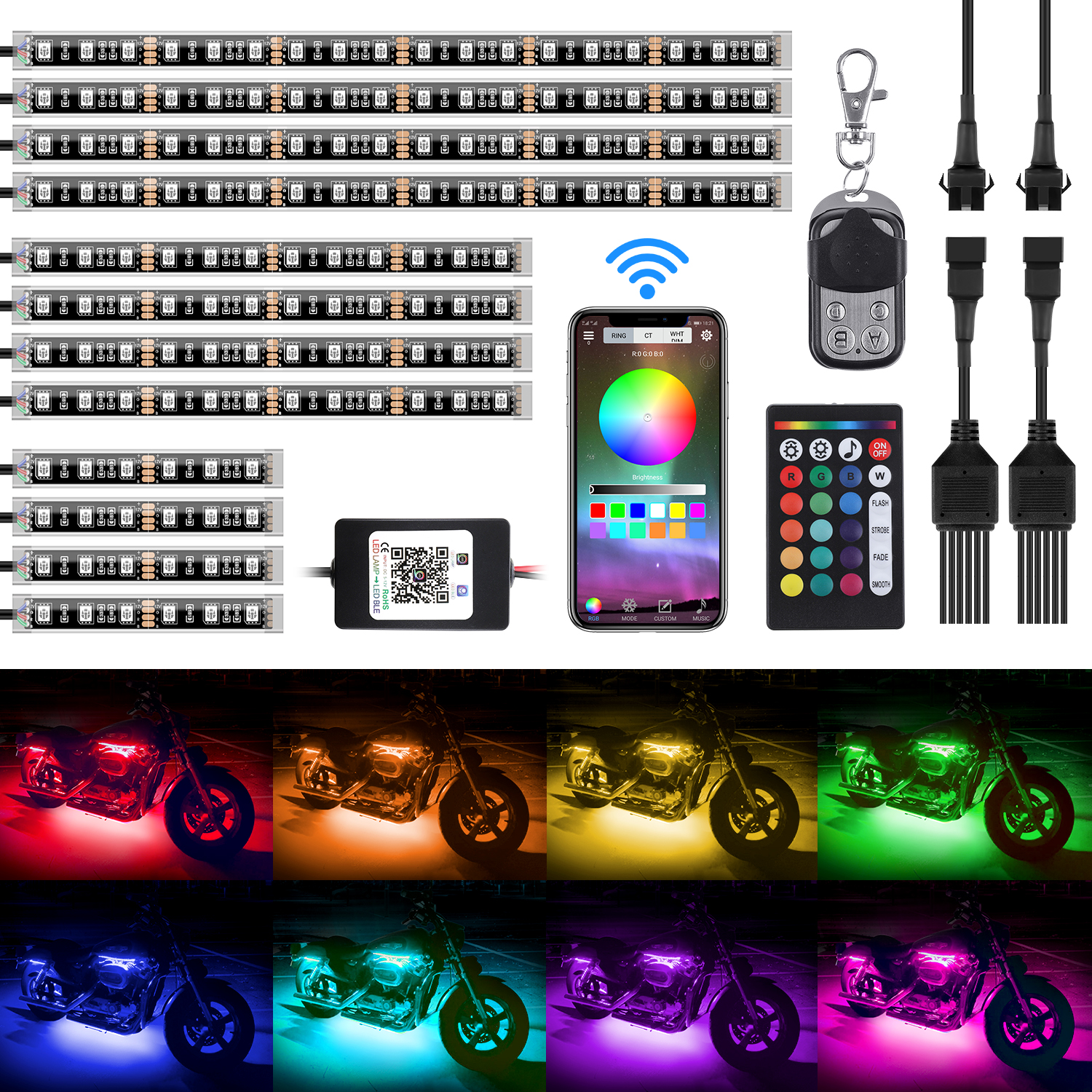 Chemini 12pcs RGB Motorcycle LED Light Kits Multi-Color Atmosphere Light Strips with 4key RF Wireless Remote Underglow Neon Ground Effect Light for Harley 