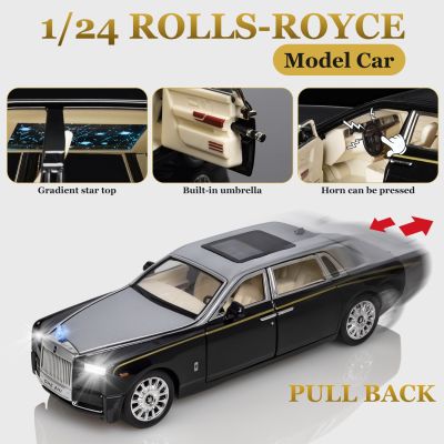 1:24ม้วนใหม่-Royce Phantom ท้องฟ้าเต็มไปด้วยดวงดาวบนรถจำลองเสียงและไฟโลหะแบบดึงถอยหลังตกแต่งโมเดลรถยนต์ของขวัญรถของเล่นสำหรับเด็กผู้ชาย