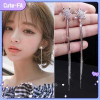 ต่างหูเงิน CUTE-FA พู่ยาวเกล็ดหิมะจี้ประดับ Anting Berlian Imitasi