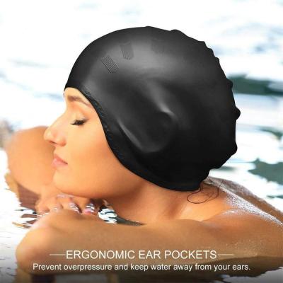 {“: หมวกหมวกว่ายน้ำสระว่ายน้ำยืดหยุ่นสูงกันน้ำสำหรับผู้หญิงผู้ชายปกป้องหูผมยาวหมวกดำน้ำซิลิโคนขนาดใหญ่
