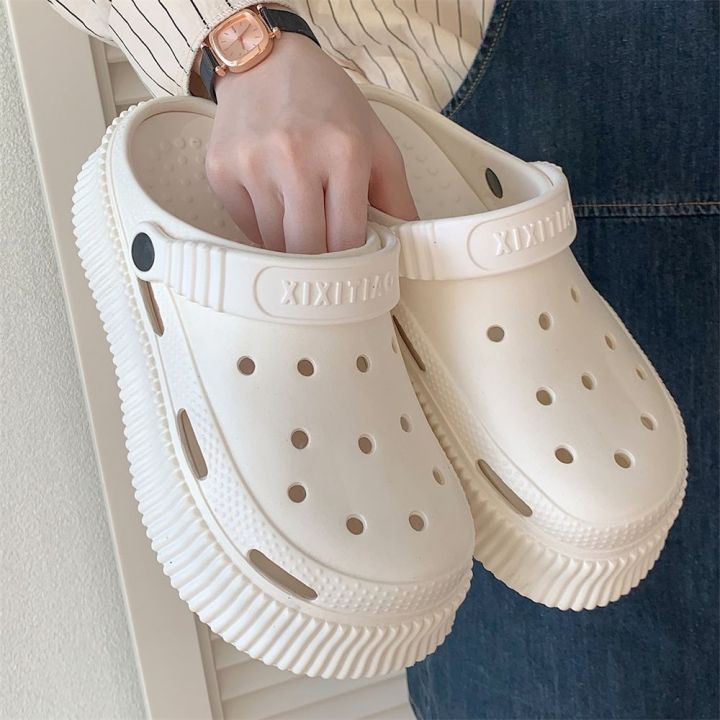 july-cloth-students-fashion-outerwear-baotou-slippers-summer-cute-cheese-thick-bottom-non-slip-contrast-hole-shoes-women