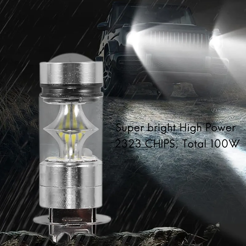 2Pcs 6000K White LED H3 100W 2323 Car Fog Light Bulb DRL
