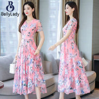 Women Dress Chiffon Short-sleeved V-neck Floral Printed Skirt Plus Size Waist-slimming Dress【fast】