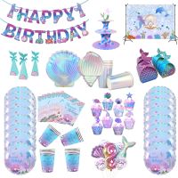 Mermaid Theme Birthday Party Decorations Mermaid Disposable Tableware Cup Plates Girls Mermaid Party Supplies