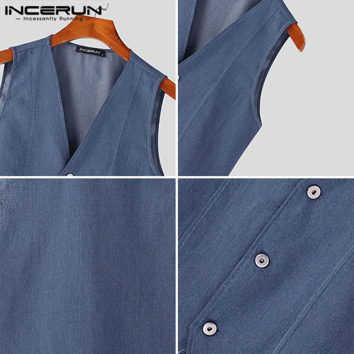 incerun-เสื้อกั๊กคอวี2ชิ้นสไตล์มินิมอล-กางเกงขายาวชุดชุดผ้ายีนส์สีเรียบ-เสื้อผ้าลำลอง-3