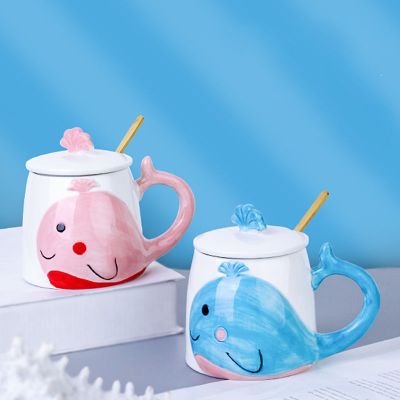 【High-end cups】แสงหรูหราปลาวาฬแก้วเซรามิกที่มีฝาปิดช้อนสไตล์เกาหลีสัตว์ Mugs3D ถ้วยกาแฟแก้วสร้างสรรค์ธุรกิจสำนักงานถ้วย Drinkware
